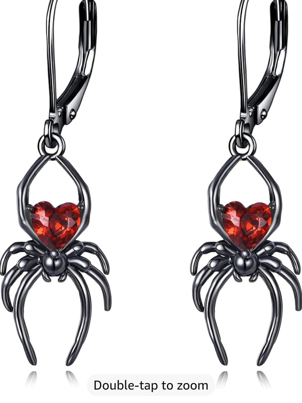 Heart Gem Spider Dangle Earrings - Women's Red and Black Gothic Jewelry